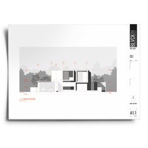 May include: A black and white architectural drawing of a modern house with a flat roof and large windows. The drawing shows the front elevation of the house, with a garage on the left side and a driveway leading up to the front door. The drawing is labeled "Front Elevation" and "A1.1".