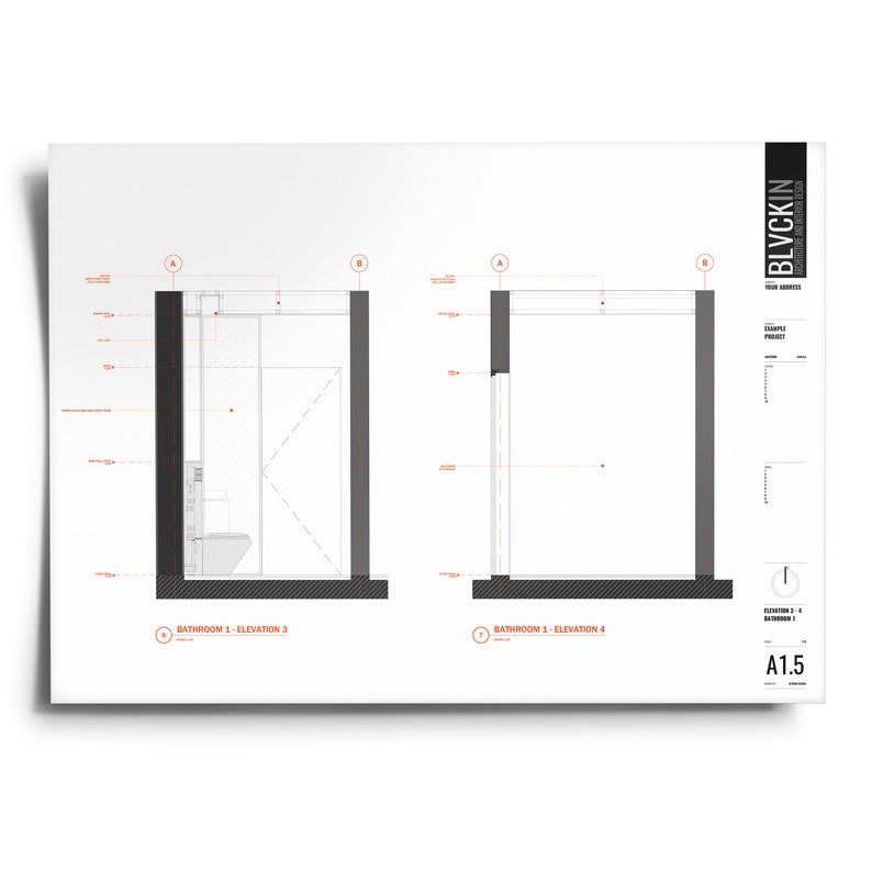 May include: Two black and white architectural drawings of a bathroom elevation. The drawings show the bathroom from the side, with a toilet, sink, and shower. The drawings are labeled "Bathroom 1 - Elevation 3" and "Bathroom 1 - Elevation 4".