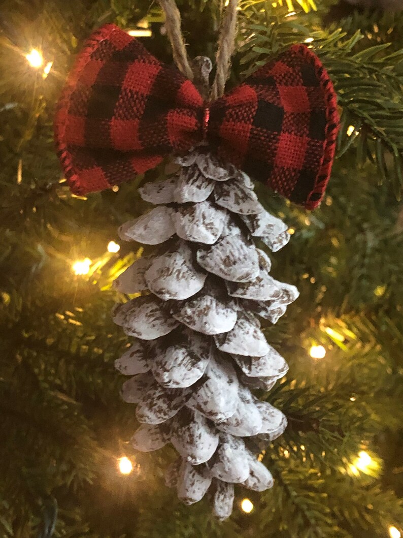 Rustic Snow Covered Pinecone Christmas Tree Ornaments With Red Etsy