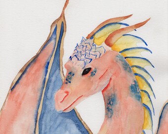 Original Handmade 9 in by 12 in Blue, Orange, and Yellow Fantasy Dragon Watercolor Painting