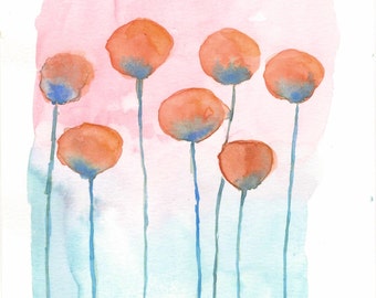 Original Handmade 5 in by 7 in Blue, Pink, and Orange Abstract Floral Watercolor Painting