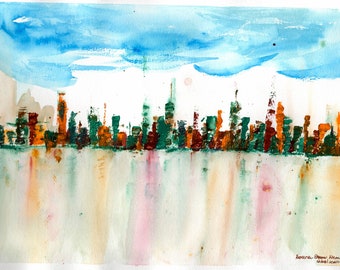 Original Handmade 9 in by 12 in Abstract Blue and Orange New York Cityscape Watercolor Painting