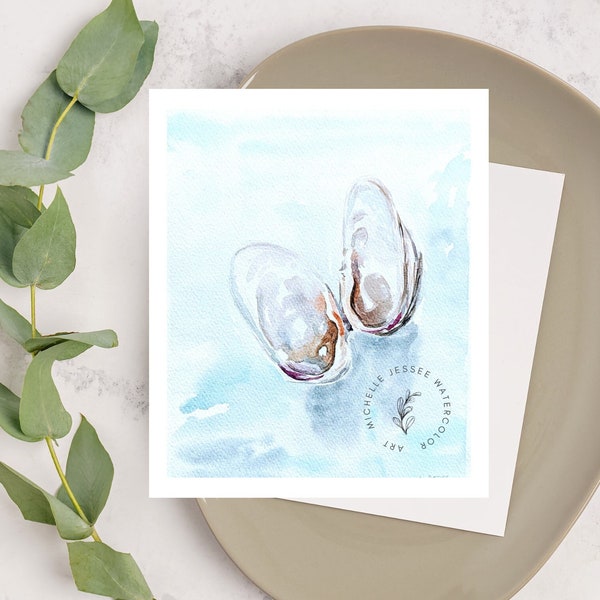 Watercolor Oyster card fine art gift beach decor painting 4 card set