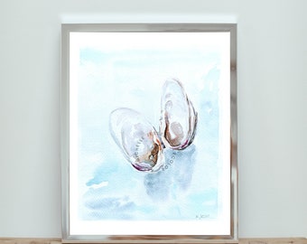 Watercolor Oyster Print, Giclee, Archival Quality Fine Art ,Gift, Beach House Deocr, Painting