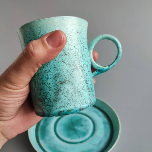 Porcelain Coffee Mug / Handmade Ceramic Cup / Blue Tea Cup / Big Cup With Plate / Table Art Decor/ Homewarming Tableware / Unique Design Cup