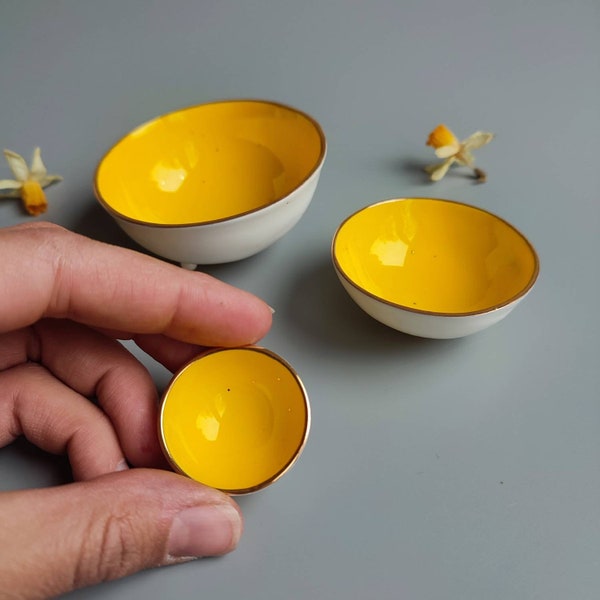 Yellow Porcelain Jewelry Holder Dish, Decorative Ceramic Home Decor Bowl, Hand Painted Golden Rim Bowls