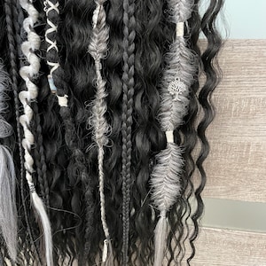 Black curly dreadlock extensions and grey textured braids, Full set 22 inches reusable wavy dreads, Double ended curls fast delivery