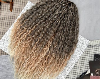 Bruin naar blond ombre DE SE krullende dreadlocks, 58 cm synthetische boho krullen, herbruikbare golvende dreadlock extensions, op voorraad