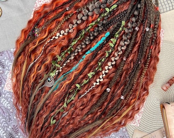 Red curly double ended dreads and brown textured braids, 23 inches soft wavy burgundy dreadlock extensions, Reusable costume locks