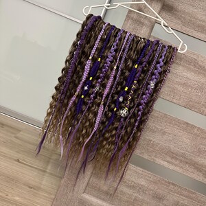 Dark brown curls and violet braids set, Light boho wavy dreadlock extensions, Full set curly synthetic dreads, Double ended soft locks