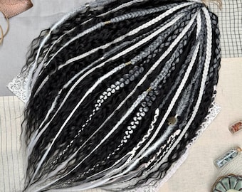 Black curly dreadlock extensions and gray textured braids, Double ended ombre wavy dreads, 23 inches DE reusable curls fast delivery