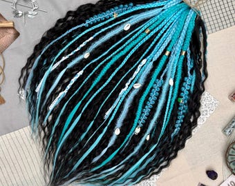 Black wavy dreads and blue textured braids, 23 inches DE reusable curly dreadlock extensions, Synthetic locks fast delivery