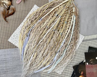 Wheat blonde curly dreadlock extensions and white textured braids, 23 inches  light wavy dreads, Double ended soft boho locks
