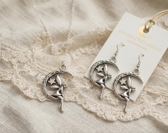 Set di gioielli Fata sulla Luna – Ganci in argento sterling, collana e orecchini celestiali