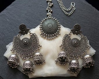 Oxidized Silver Jhumka Earrings & Maang Tikka Set | Ethnic Indian Jewelry | Boho Tribal Statement Jhumki Chandbali Set | Navratri Wedding