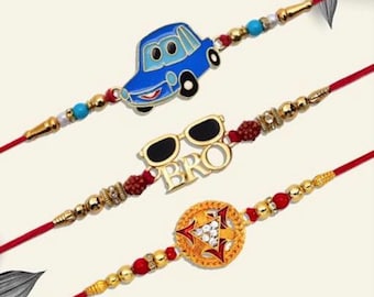 Set di 3 Rakhi per fratello e bambini, simpatici occhiali da sole blu con macchina, braccialetto tradizionale in filo, confezione combinata regalo Raksha Bandhan