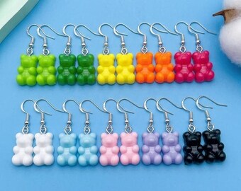 10 Pairs Sterling Silver Gummy Bear Earrings, Resin Charms, Hypoallergenic Hooks