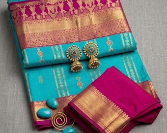 El mejor conjunto de sari de seda azul turquesa y magenta con blusa cosida y pendientes jhumka antiguos / Conjunto de sari festivo listo para usar, regalo para ella.