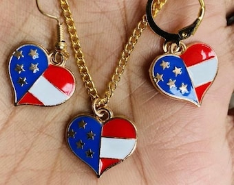 Set di gioielli patriottici a forma di cuore in smalto – Collana e orecchini con bandiera americana (4 luglio)