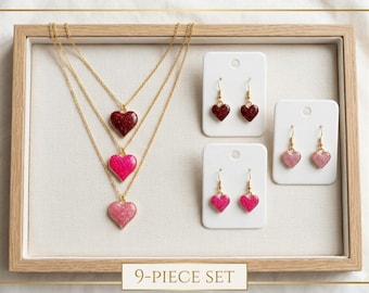 Set di orecchini a forma di cuore glitterati – 9 paia di pendenti in resina, ganci in oro sterling 925