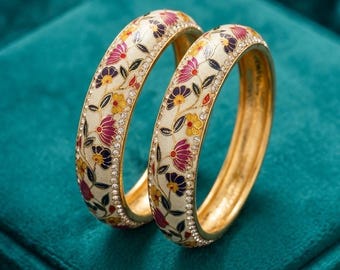 Meenakari Floral Bangle Set | Off White Enamel Handcrafted Indian Kada Bracelets | Festive Wedding Jewelry Gift for Her