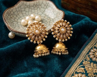 Orecchini Big Pearl Temple, gioielli indiani, Bharatnatyam Kuchipudi Jhumka, gioielli tradizionali da sposa, sangeth