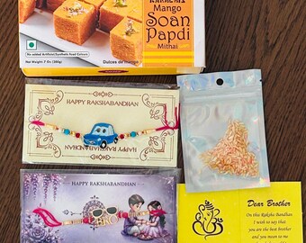 Raksha Bandhan Gift Set for Brother | Kids  Adult Rakhis with Soan Papdi Sweet, Roli Chawal Kumkum Packet & Wish Card | Indian Sibling gift