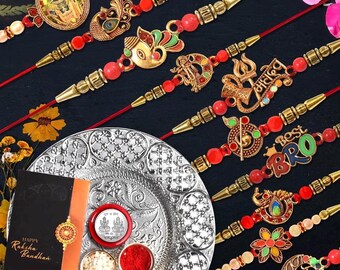 Set Rakhi tradizionale per fratello, Rakhi devozionale di design, filo Rakhi, miglior set regalo Bro Raksha Bandhan con carta Roli Chawal