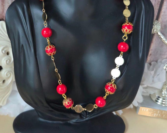 Featured listing image: Red Beaded Gold Link Necklace: Handmade Boho Statement Jewelry
