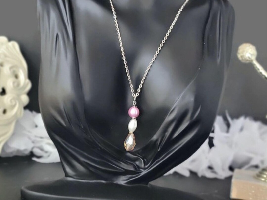 Handmade Silver Necklace: Pink & White Pearl Pendant, 19 Inch Chain - Etsy