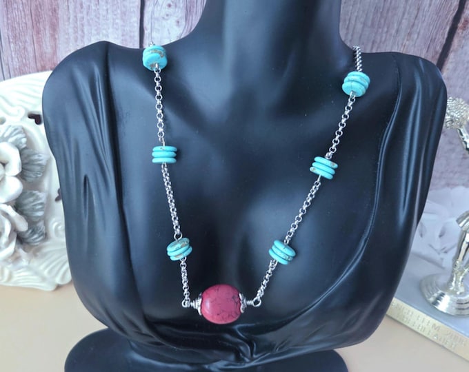 Featured listing image: Turquoise and Red Beaded Necklace: Handmade Southwestern Boho Jewelry