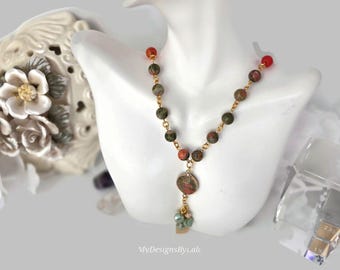 Handmade Jasper Agate Beaded Necklace, Boho Gemstone Pendant