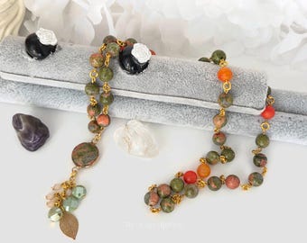 Handmade Jasper Agate Beaded Necklace, Boho Gemstone Pendant