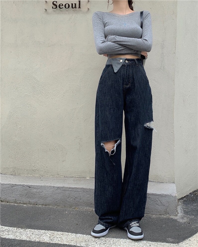 Y2K Baggy Jeans High Waisted Dark Blue Wideleg Ripped Y2K Etsy