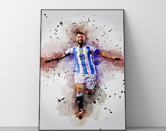 May include: A watercolor painting of a soccer player in a blue and white striped jersey with the number 10 on the front and back. The player is celebrating a goal with his arms raised in the air. The background is a watercolor wash of blue, purple, and brown.