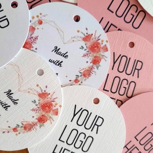 May include: Round gift tags with a floral design and the text "Made with Love" and "Your Logo Here".