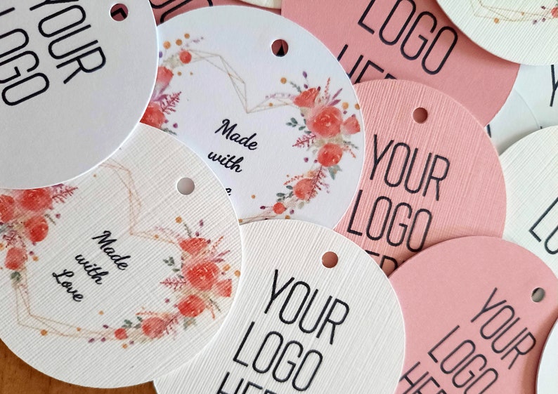May include: Round gift tags with a floral design and the text "Made with Love" and "Your Logo Here".