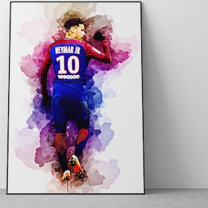 May include: A watercolour painting of a football player wearing a blue jersey with the number 10 and the name "Neymar Jr" on the back. The player is raising his right arm in the air, and the background is a colourful watercolour wash.