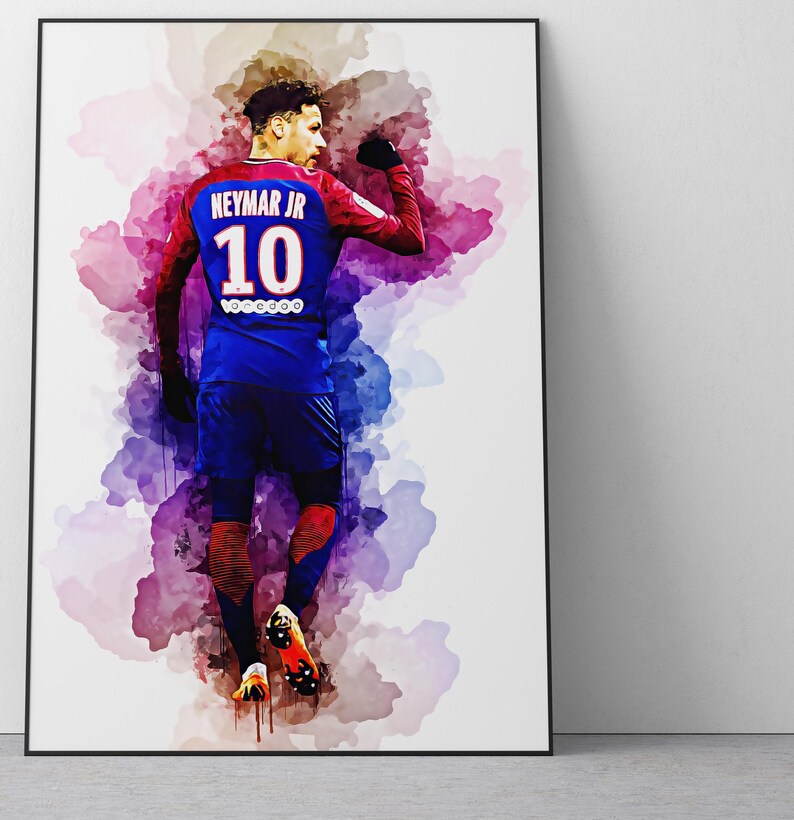 May include: A watercolour painting of a football player wearing a blue jersey with the number 10 and the name "Neymar Jr" on the back. The player is raising his right arm in the air, and the background is a colourful watercolour wash.