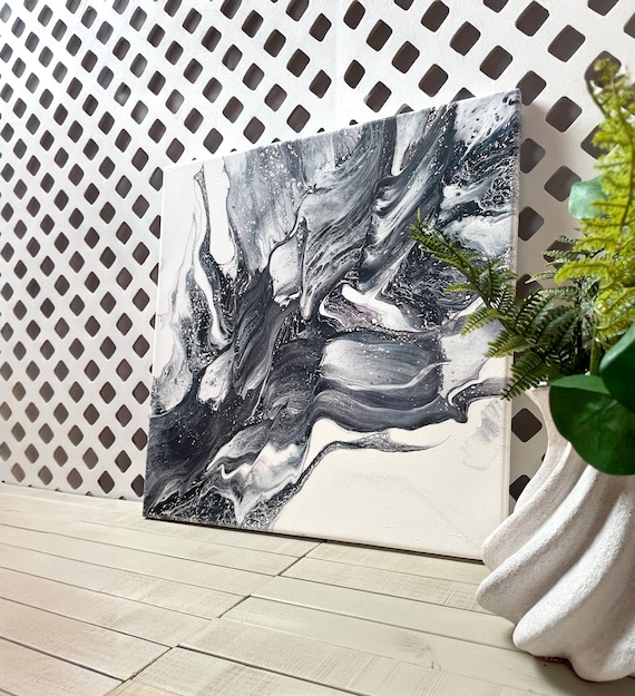 抽象アクリル画 黒白紫金 白黒アクリル絵の具で描く：現代抽象流体アート - Etsy 日本