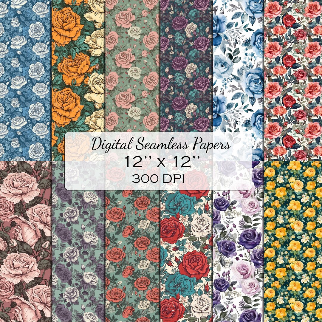 Boho Roses Digital Paper: 12 Seamless Scrapbook Patterns (digital ...