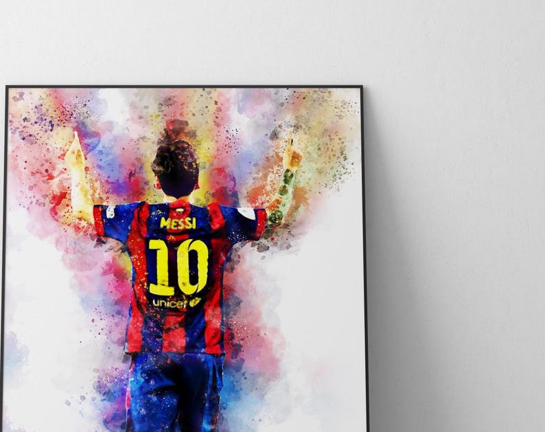 May include: A watercolor painting of a soccer player wearing a red and blue jersey with the number 10 and the name "Messi" on the back. The player is raising both arms in the air, celebrating a goal. The background is a colorful abstract design.