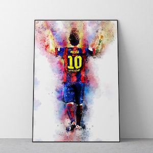 May include: A watercolor painting of a soccer player wearing a blue and red jersey with the number 10 and the name "Messi" on the back. The player is raising their arms in celebration. The background is a colorful watercolor wash.