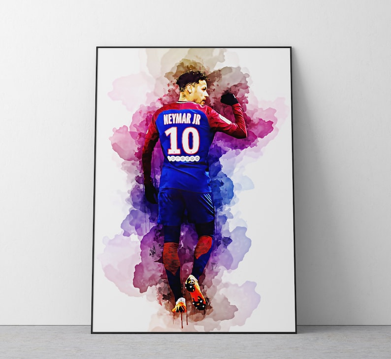 May include: A watercolour painting of a football player wearing a blue jersey with the number 10 and the name "Neymar Jr." on the back. The player is facing away from the viewer and has his arm raised in the air.