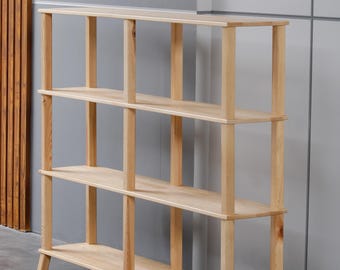 Handmade Natural Pine Wood Four-Shelf Bookshelf: Minimalist Modern Shelving,TOOL-FREE INSTALLATION