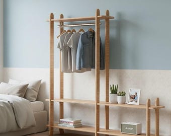 Minimalist Birch Wood Wardrobe: Modern Open Shelving Unit