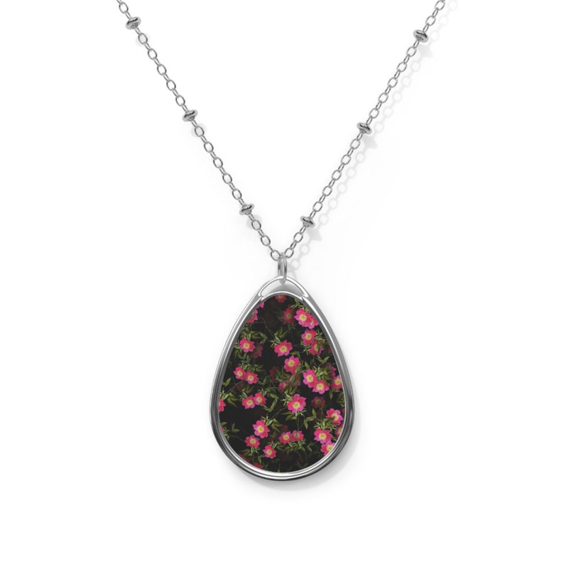 Pink Flowers necklace, Floral charm, Nature charm, Floral pendant, Nature pendant, Oval Charm image 1