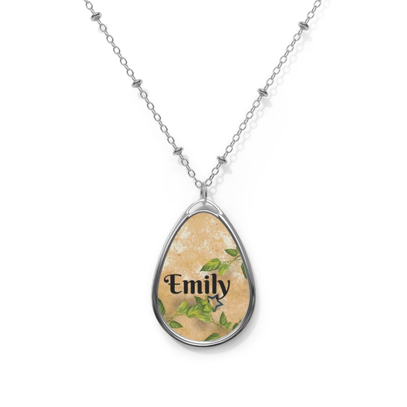 Personalized Green Leaves Blue Stars Beige necklace, Nature charm, Beige charm, Custom pendant, Beige pendant, Oval Charm image 2