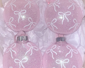 Coquette Pink glitter Bow ornament set of 4