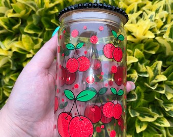 Cherry inspired rhinestone beer can glass